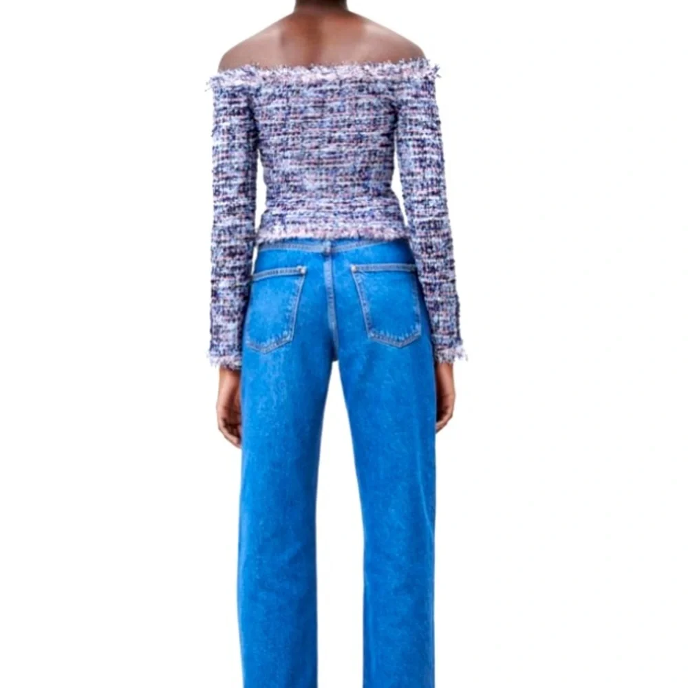 Zara textured pink metallic fibers stretching tweed frayed hem long sleeves top - Picture 10 of 15